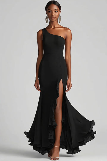 Black Chiffon One Shoulder Mermaid Long Formal Dress with Slit